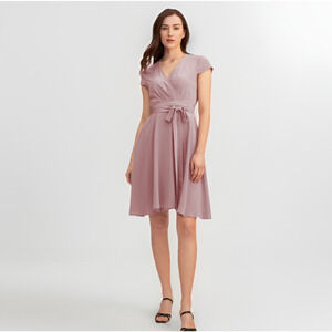 LILYSILK 100% Silk Wrap Dress Women's L Large Mauve Tie Waist V Neck Cap Sleeve